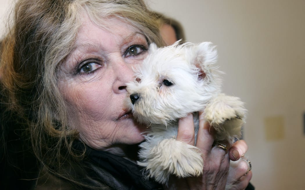 (FILES) French actress and animal rights activist Brigitte Bardot in a dog pound in Nice (southern France), holding one of 143 puppies seized by customs officiers in a Hungarian van, on December 28, 2005. French actress Brigitte Bardot died at 91 AFP learned from Bardot foundation on December 28, 2025.