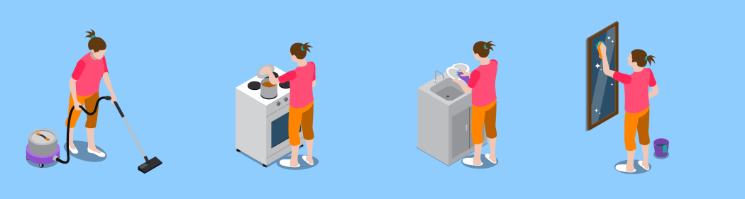 Isometric icons set with housewife during home cleaning, cooking, child care on blue background isolated vector illustration