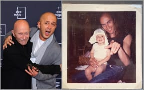 Image of Richard and Linus at the film's DocEdge premiere (left). Right, Richard holds Linus as a baby.