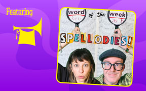 On a purple graphic, the yellow text reads: "Featuring." On the right is a square graphic with two people holding magnifying glasses above their heads, highlighting the words "word" and "week." Text in the middle of the graphic reads: "SPELLODIES!"