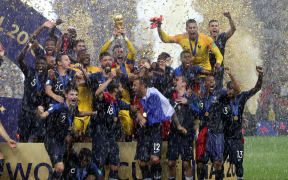 France celebrating their 4-2 win against Croatia in the FIFA World Cup final.