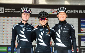 Mikayla Harvey, Grace Anderson and Georgia Williams of New Zealand at the 2018 world road cycling championships.