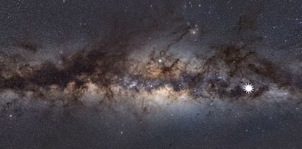 This image shows the Milky Way as viewed from Earth. The star icon shows the position of the mysterious object astronomers have discovered.