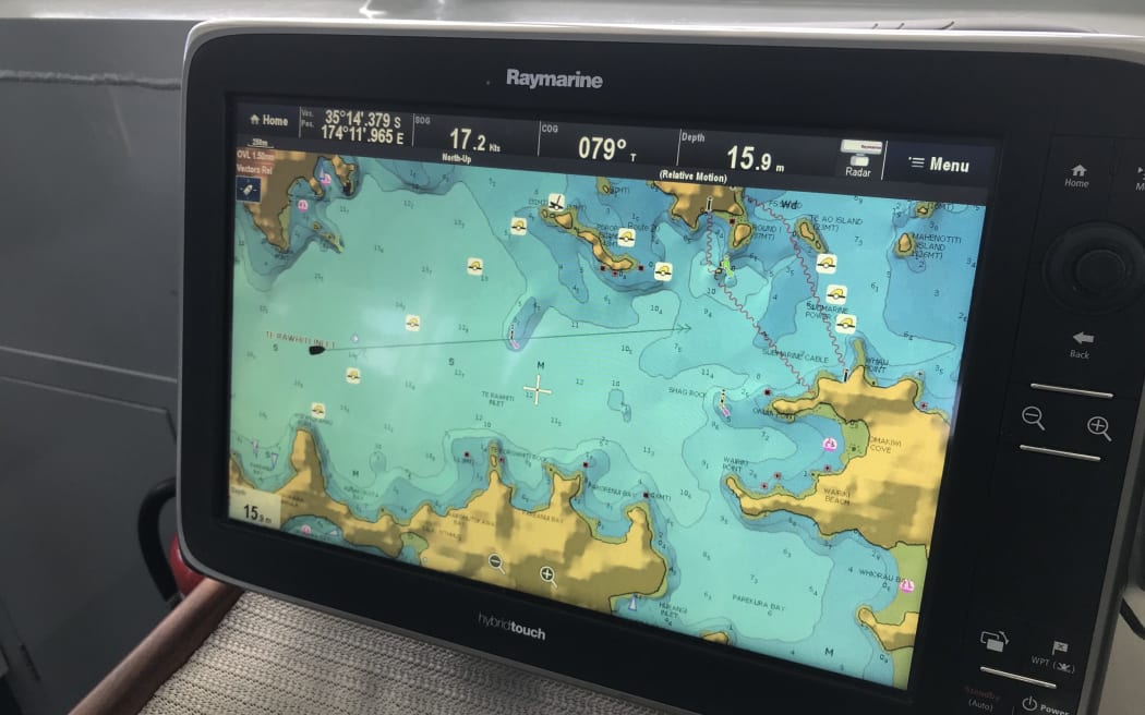 Boat chart of Bay of Islands, showing the location of the yellow buoys marking the outer edge of the government caulerpa anchoring, fishing and diving ban.