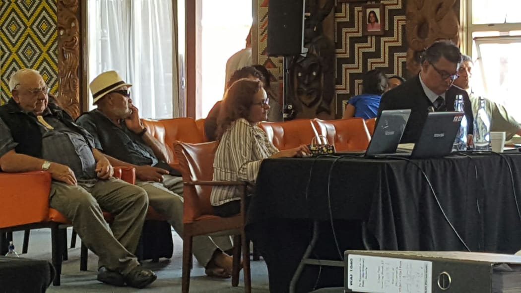 Hekenukumai Busby, left, attends a Waitangi Tribunal hearing at Terenga Paraoa Marae, Whangarei, in February 2015.