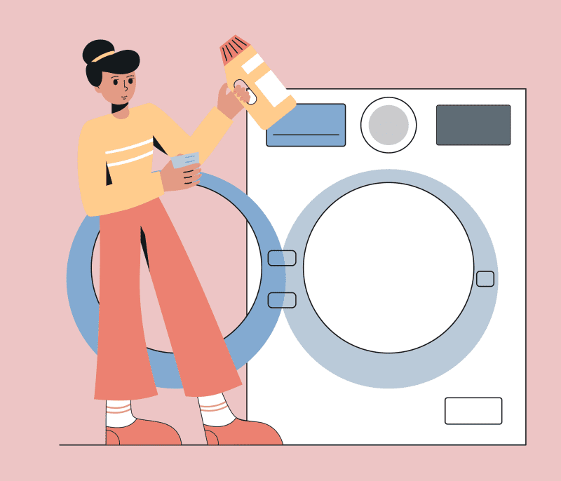 Woman doing laundry. Female character with washing gel loading washing machine. Flat vector illustration.