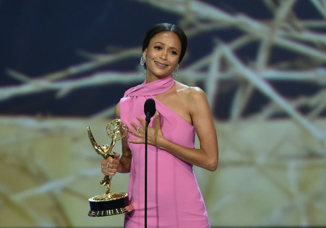 Thandie Newton accepts the Outstanding Supporting Actress in a Drama Series award for 'Westworld' during the 70th Emmy Awards.