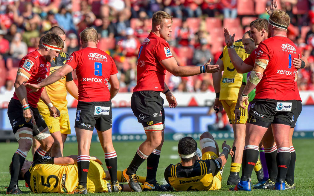 Lions celebrate their semi final win over the Hurricanes.