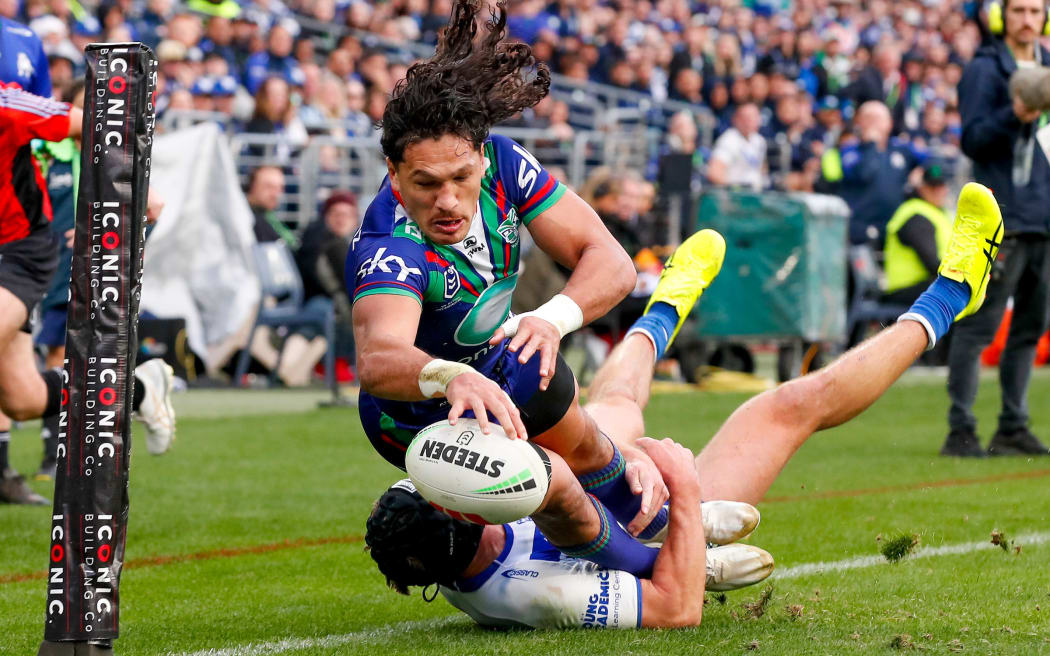 Dallin Watene-Zelezniak of the Warriors dives in to score. Canterbury Bulldogs v One NZ Warriors. NRL Rugby League, Accor Stadium., NSW, Australia, Saturday 6th July 2024 Copyright Photo: David Neilson / www.photosport.nz
