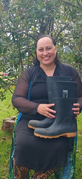 RNZ news presenter Marama T-Pole with the bargain gumboots.