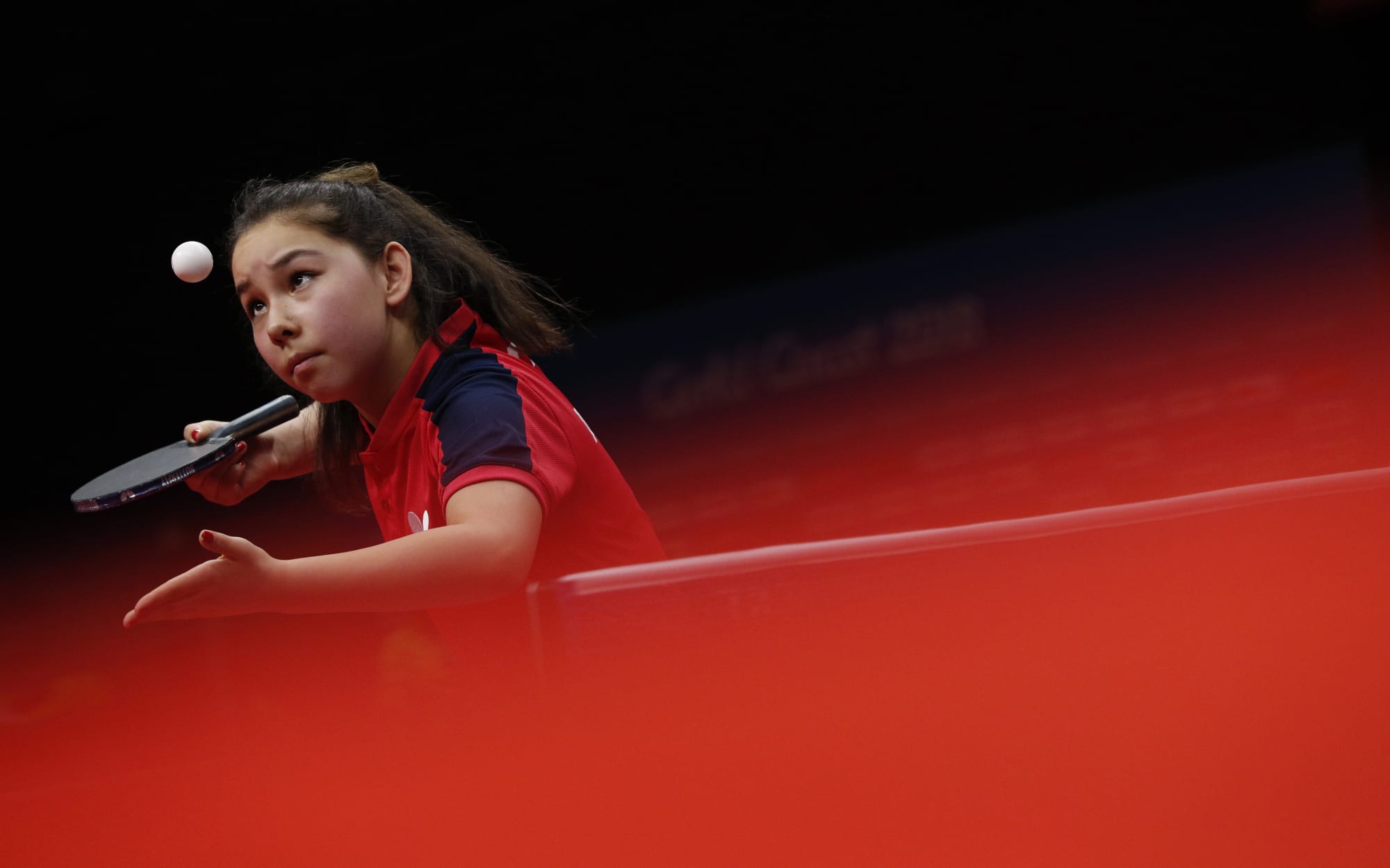 Anna Hursey of Wales serves during the women's team group game against Sri Lanka during the 2018 Gold Coast Commonwealth Games at the Oxenford Studios venue in Gold Coast on April 6, 2018. / AFP PHOTO / ADRIAN DENNIS