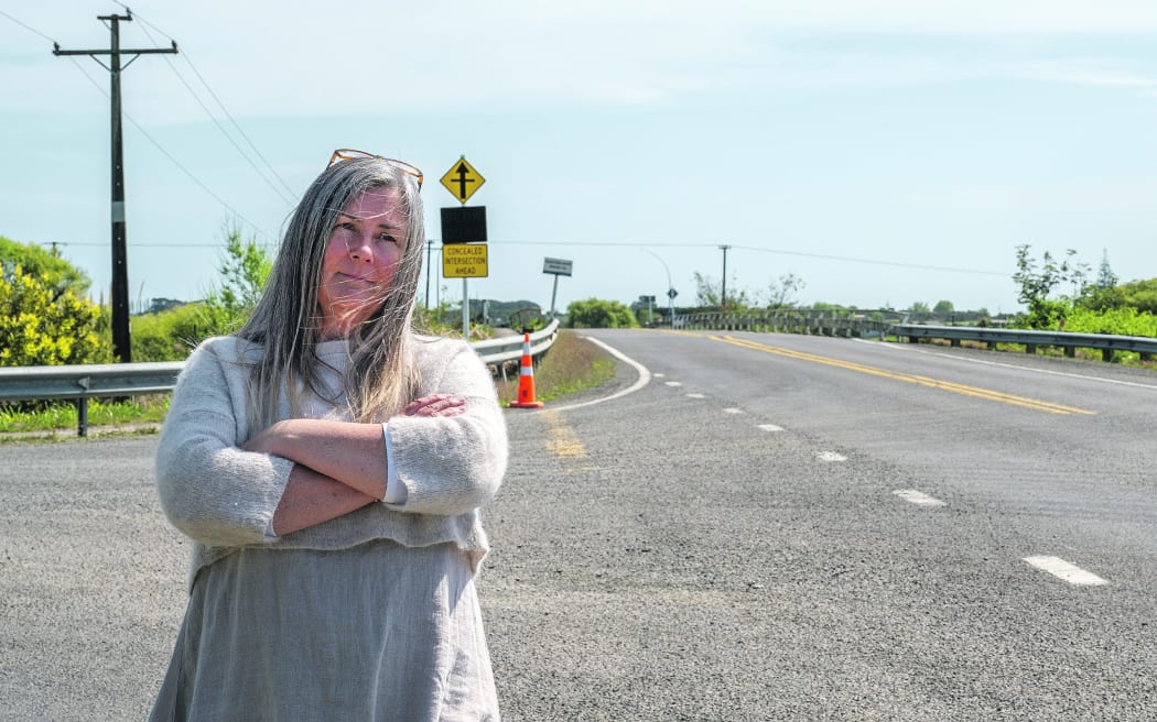 East Bank Road resident Kathe Davey-Emms has highlighted concerns about the dangerously narrow and obscured intersection with Thornton Road. Photo Troy Baker SINGLE USE ONLY