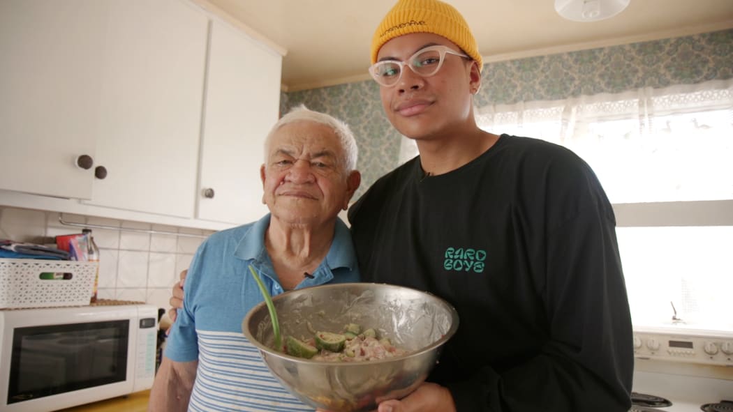 Mariner Fagaiava-Muller and his Papa, Faasootauloa Fepuleai Galo Fagaiava, making oka.