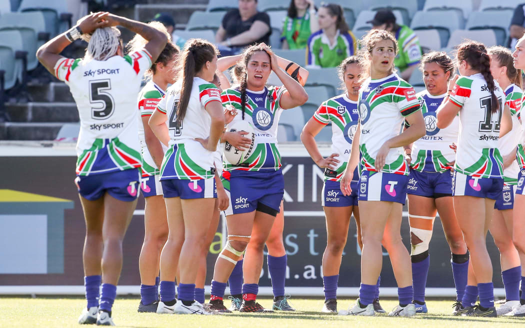 The Warriors react after Tamika Upton scores for the Broncos in the opening round of the 2020 NRLW season.