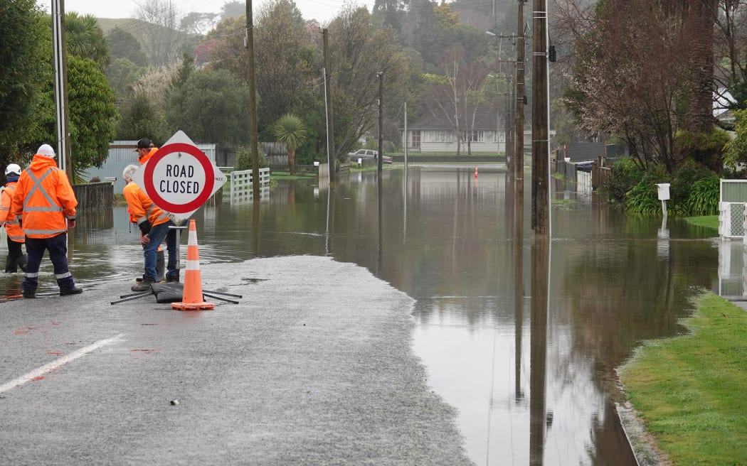 Wilson Street in Pahiatua was closed on Monday 19 August 2024 after rain on Sunday caused flooding in the town.