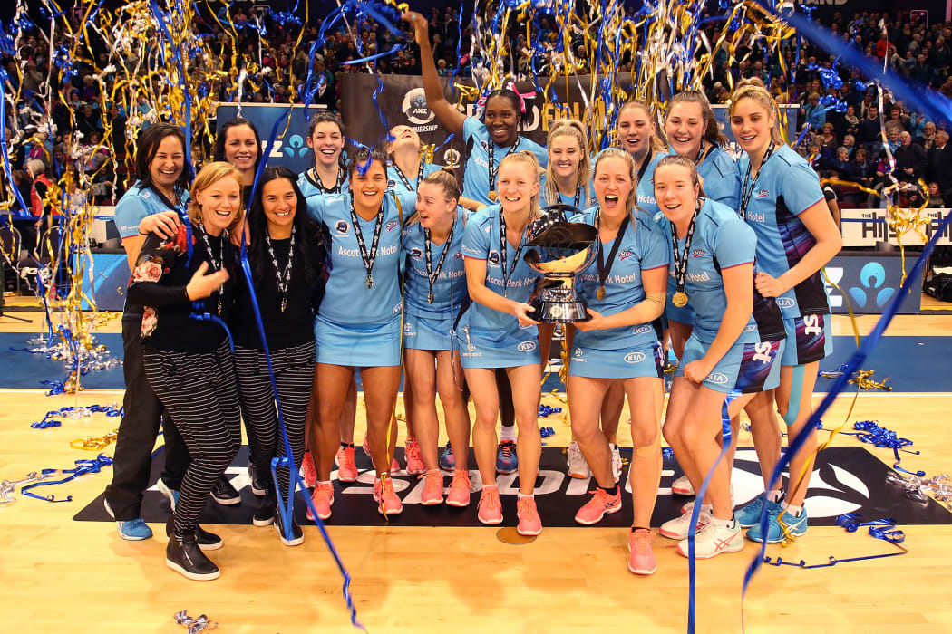 The Southern Steel celebrate their victory over the Central Pulse in the ANZ grand final in Invercargill.
