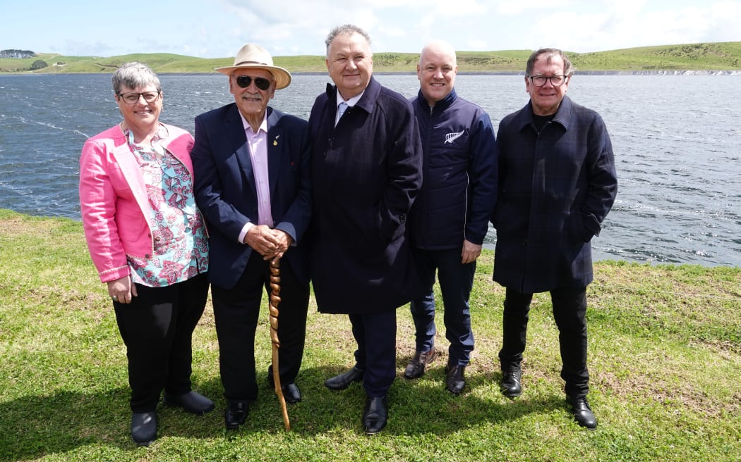 From left, Te Tai Tokerau Water trustees Kathryn de Bruin and Dover Samuels, Regional Development Minister Shane Jones, Prime Minister Christopher Luxon and trust chairman Murray McCully.