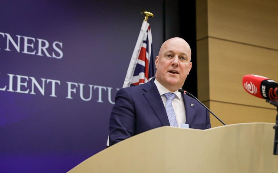 Prime Minister Christopher Luxon delivers a strategic security speech in the NEC building in Tokyo.