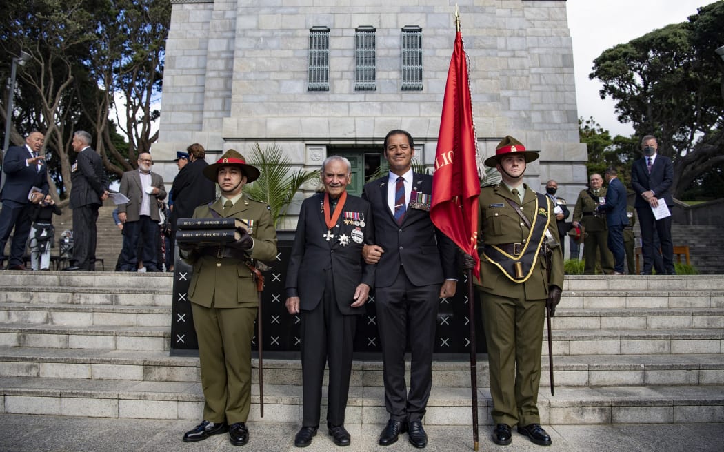 Sir Robert Gillies has recently been knighted by the Governor-General Her Excellency The Right Honourable Dame Cindy Kiro of New Zealand. The New Zealand Defence mark the event with a wreath-laying ceremony in honour of the 28th Maori Battalion.

This ceremony was held at Pukeahu National War Memorial Park, Wellington.

Sir Robert Gillies and Willie Apiata VC stand with the roll of honour and the 28th Maori Battalion banner.