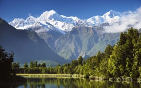 Lake Matheson, Mount Tasman and Mount Cook seen from Westland Tai Poutini National Park.