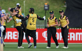 The Blaze celebrate the wicket of Sparks Anna Browning during the Super Smash grand final at Wellington's Basin Reserve, 2 February 2025.