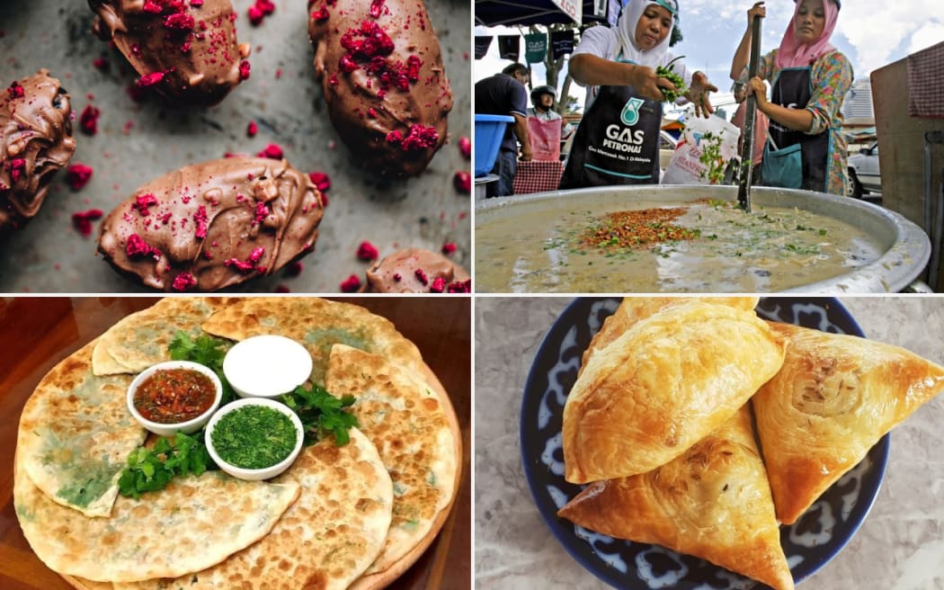 A composite image of various recipe images, including choco-covered dates, Uzbek somsa's, Afghan bolani and Malaysian bubur lambuk.
