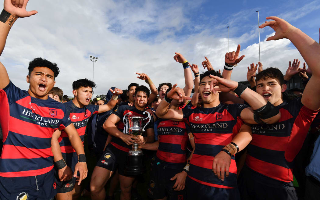 Hastings Boys High celebrate their win during the New Zealand Schools Final rugby match between Hastings Boys High and Hamilton Boys High, September 2017.
