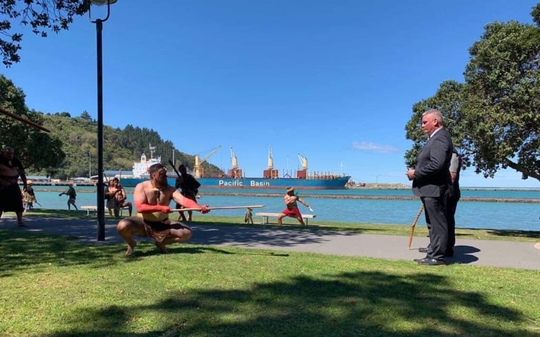 Kelvin Davis has picked up the wero laid down. It’s one of five being laid along the way.  (Tuia 250 commemorations  in Gisborne)