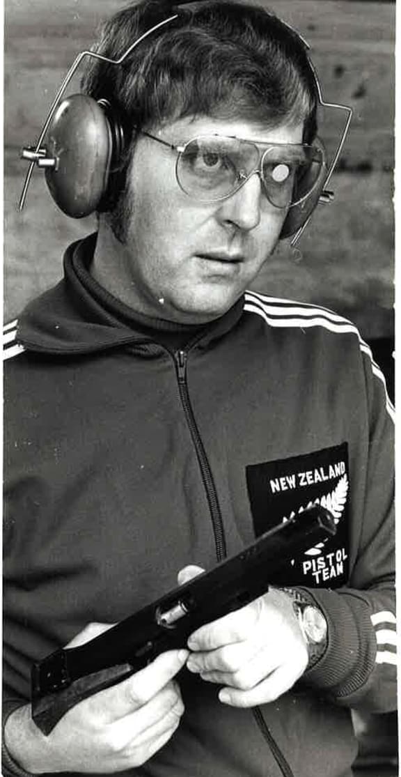 Bruce McMillan as a member of the New Zealand Pistol team in the 1970s.