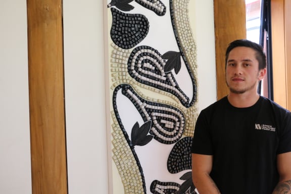 Art adorns the foyer inside Te Kura Whare, Maraea Timutimu is one of the featured artists.