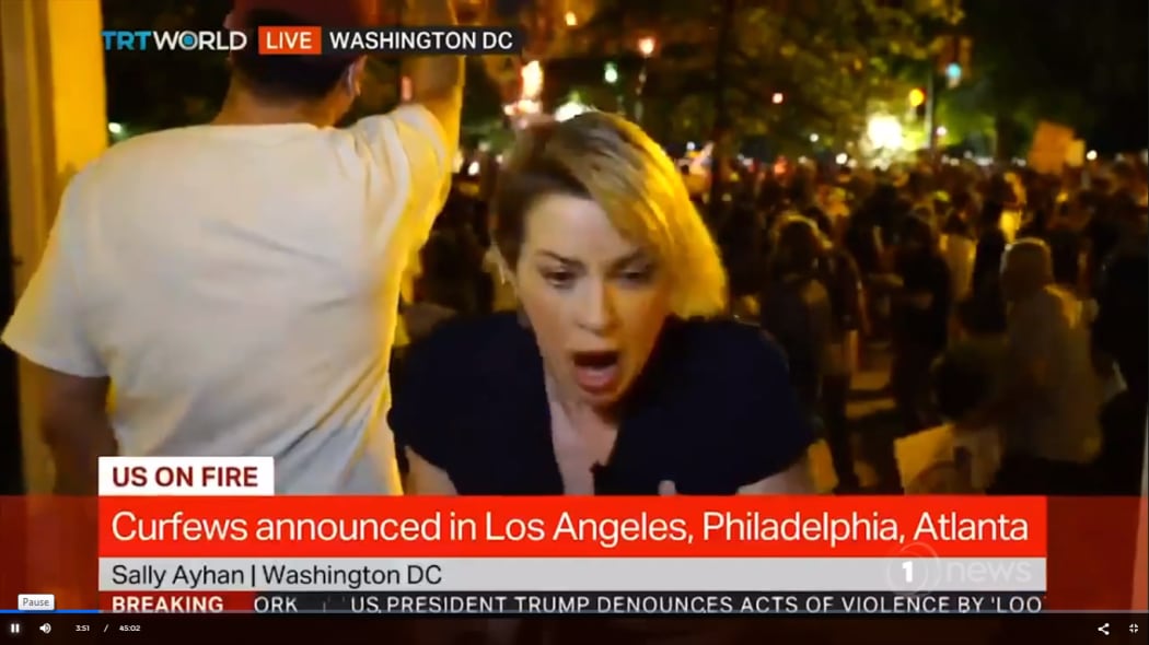 Sally Ayhan from Turkish broadcaster TRT World hit with rubber bullets.