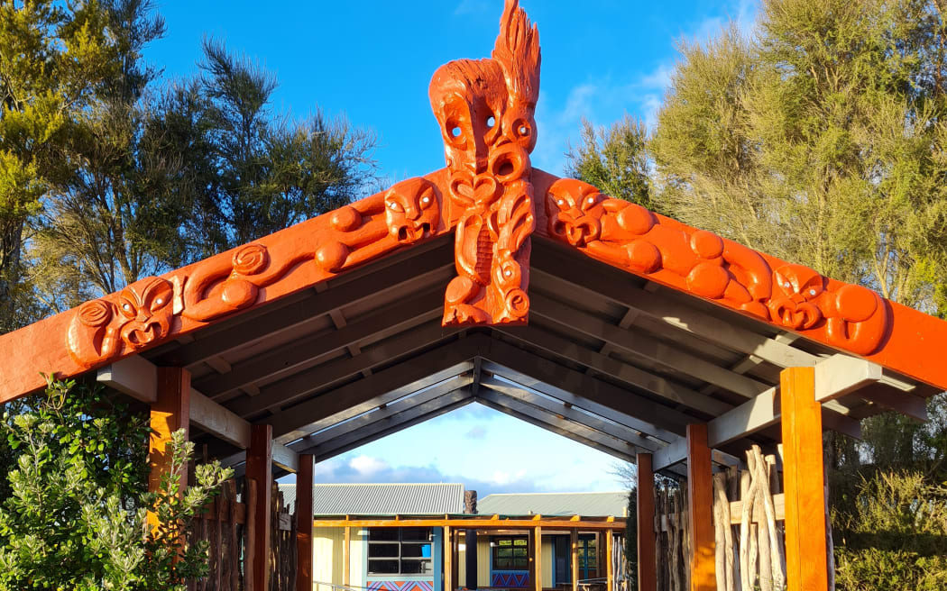 The waharoa at Te Kura Kaupapa Māori o Tamaki-Nui-a-Rua.