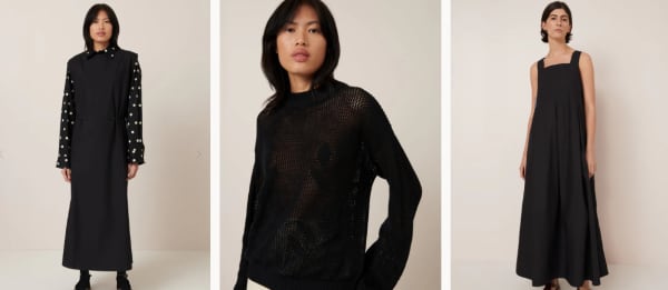 The raven pinafore, amalie crew and study dress from the black section on Kowtow website.