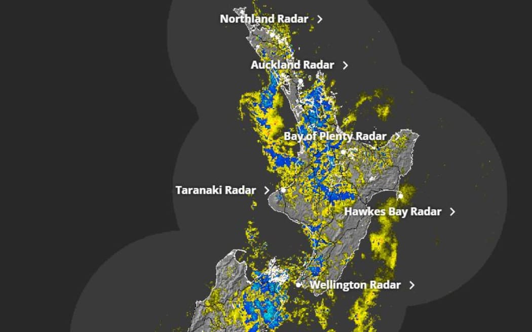 MetService's rain radar showed a band of heavy rain sitting over Gisborne and Bay of Plenty on Saturday evening.