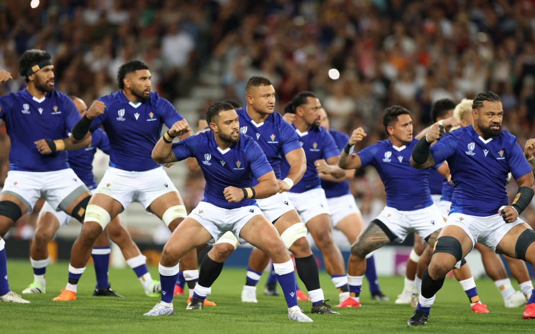 Samoa's players perform the Siva Tau ahead of the France 2023 Rugby World Cup Pool D match between Japan and Samoa at the Stadium de Toulouse in Toulouse, southwestern France on September 28, 2023.