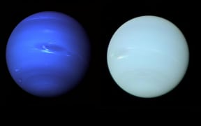 Composite image of Voyager 2/ISS image of Neptune released in 1989, and a reprocessing of the individual filter image in a University of Oxford study.
