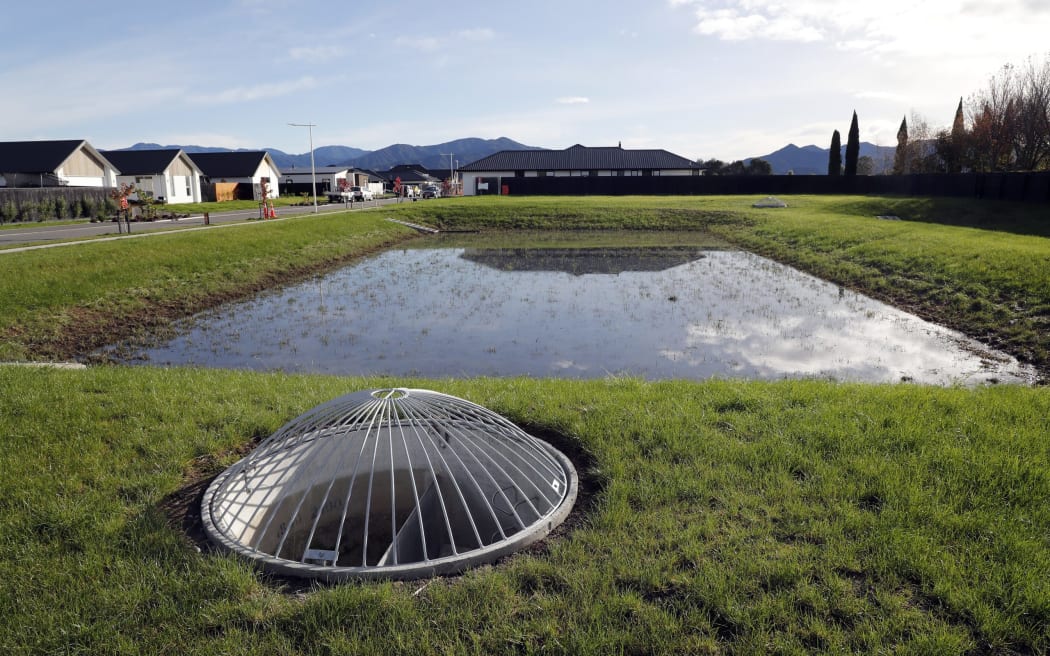 A stormwater holding pond in Rose Manor, a subdivision in Blenheim. SUPPLIED: ANTHONY PHELPS/STUFF - SINGLE USE ONLY