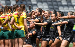 New Zealand Kiwi Ferns haka v Australian Jillaroos, Women’s Pacific Championship Final, rugby league test match at CommBank Stadium, Sydney.
