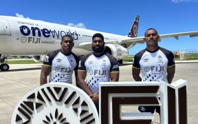 The Fiji men's sevens team in their new playing uniform in Dubai.