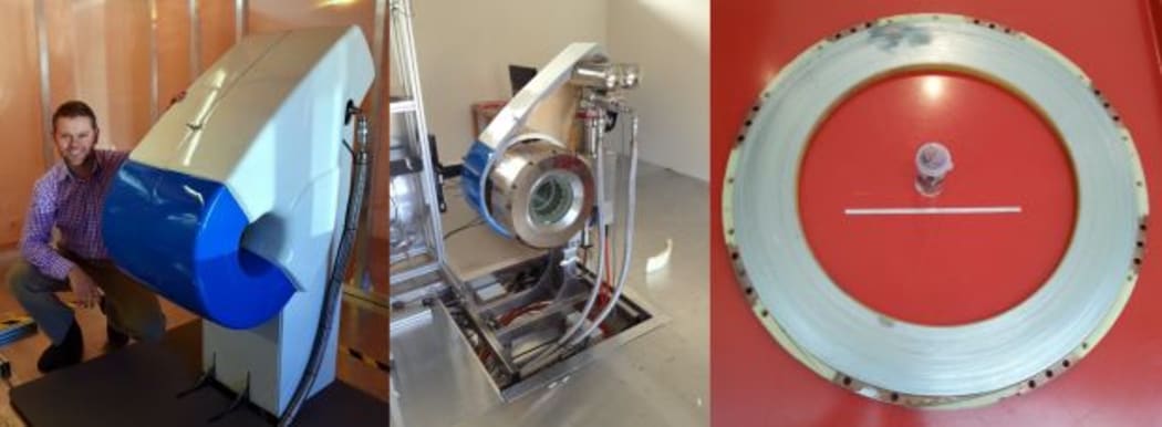 Photos from left to right of Rob Slade and the experimental MRI, the MRI with covers half off, and a pancake coil