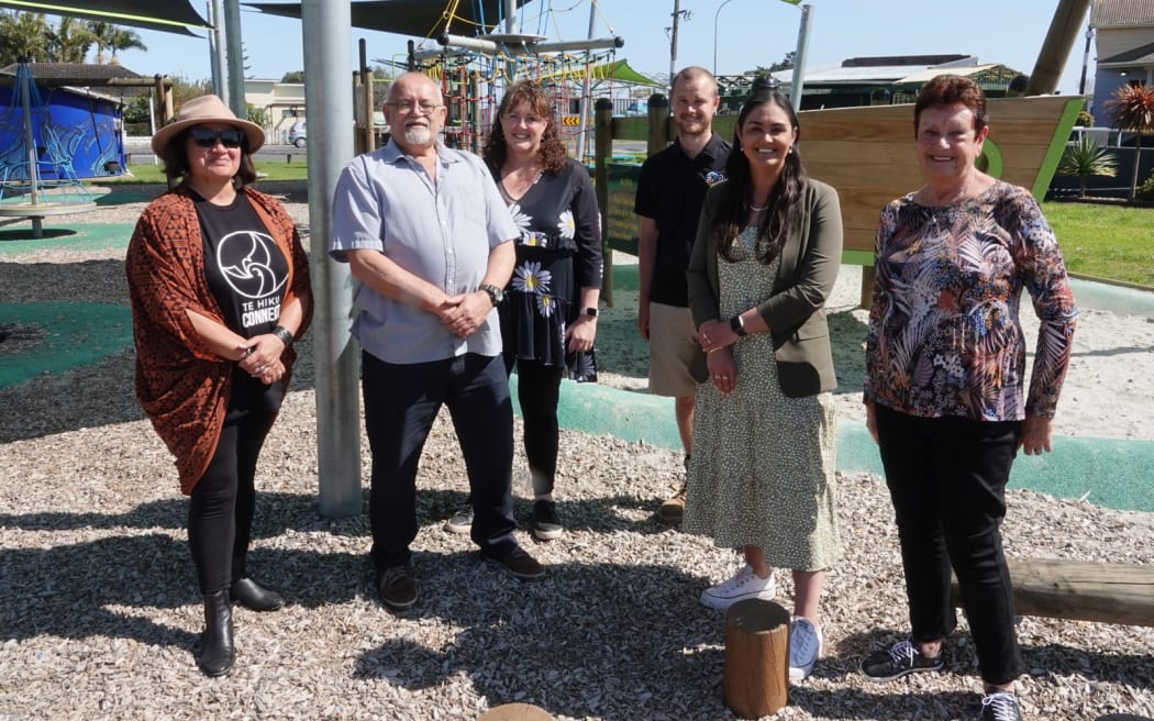 Members of the Te Hiku Revitalisation Project working group in Awanui’s new playground, from left, Suzie Clark, Bill Subritzky, Andrea Panther, Connor Dent, Felicity Foy and Adele Gardner