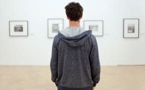 Generic shot of man looking at Museum art.