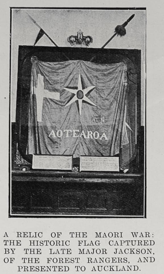 19th century newspaper photo showing Maori flag captured by Major Jackson