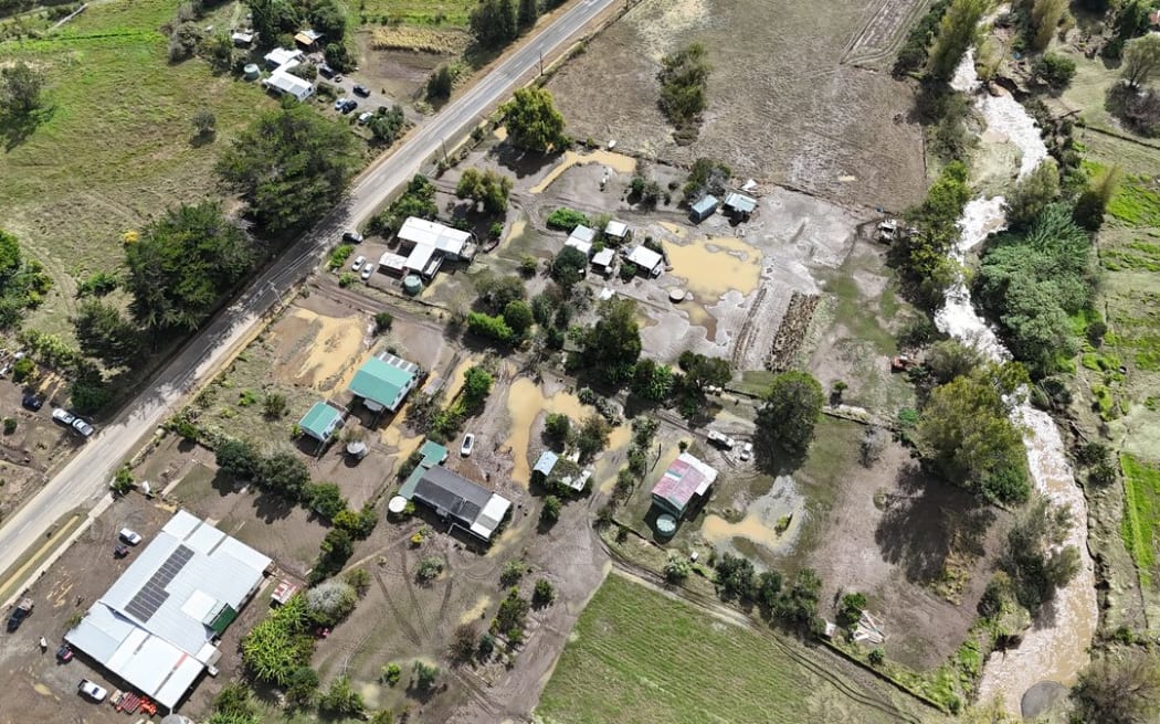 Aerial view of Whirinaki and State Highway 12 after the storm.