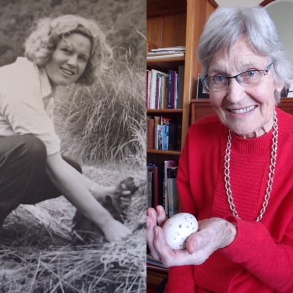 Joan Watson (née Telfer) with the first takahe discovered in Takahe Valley.