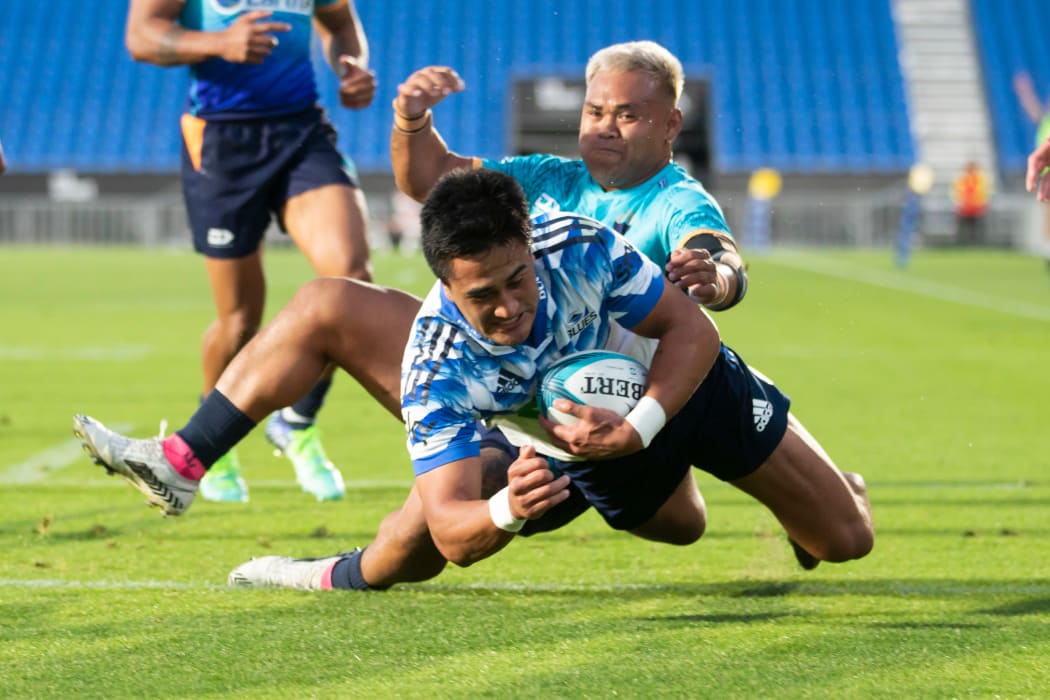 Blues Tamati Tua scores a try during  the Super Rugby Pacific match between Moana Pasifika and the Blues held at Mt Smart Stadium - Auckland - New Zealand  29  March  2022