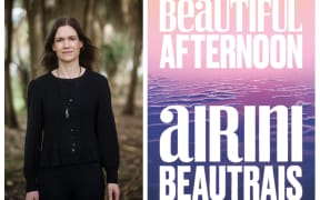 Author Airini Beautrais wearing black standing in a forest and the book cover with large white type over a pink and blue sea
