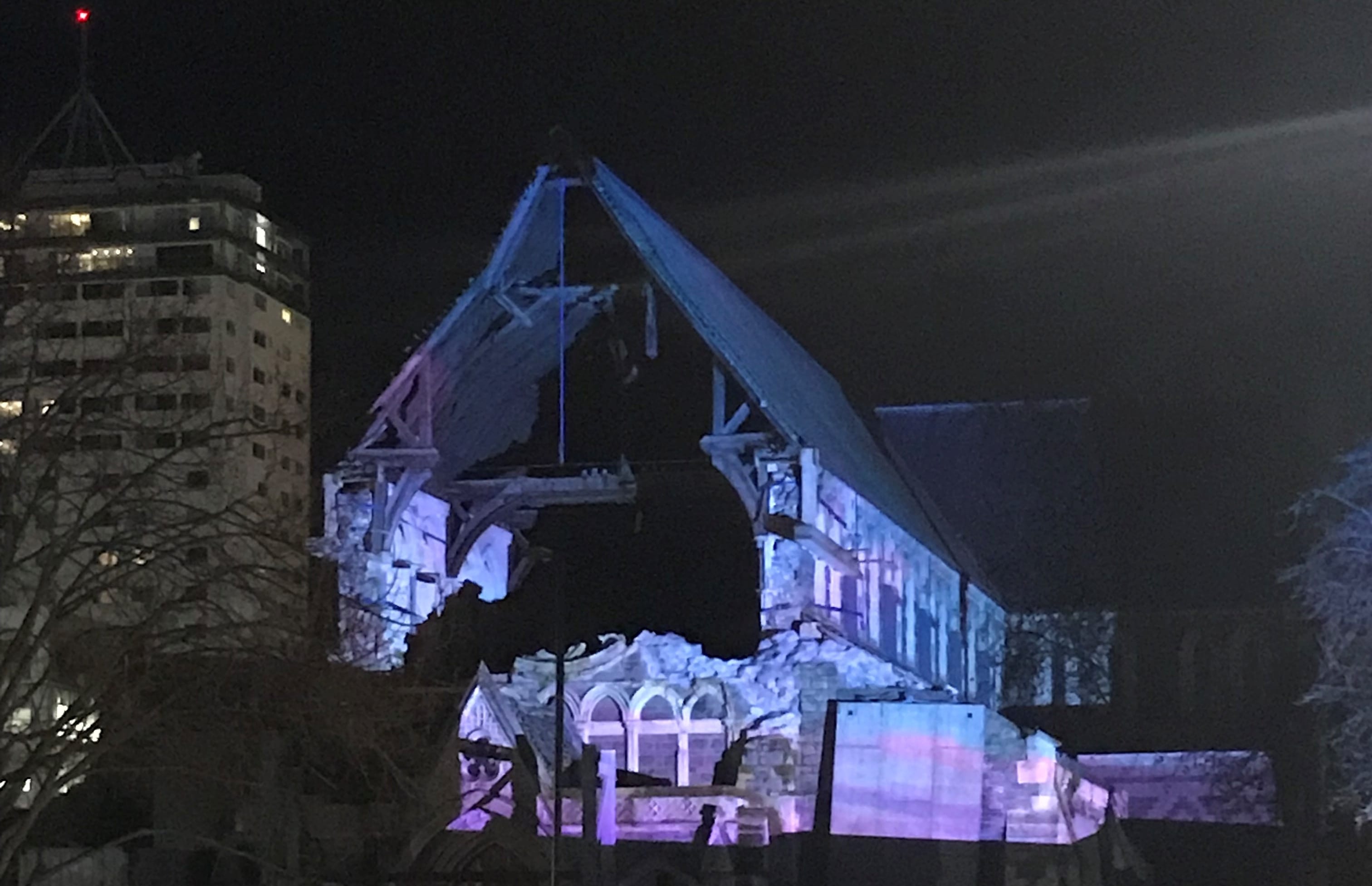 Blue and pink lighting on Christ Church Cathedral.