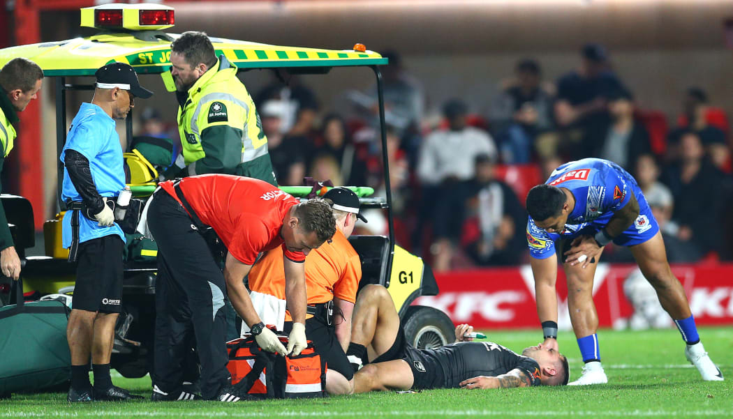 Gerard Beale about to be stretchered off during the Kiwis match against Samoa.
