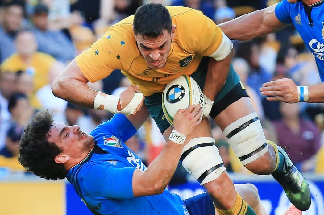 Wallaby lock Rory Arnold on the burst against Italy.